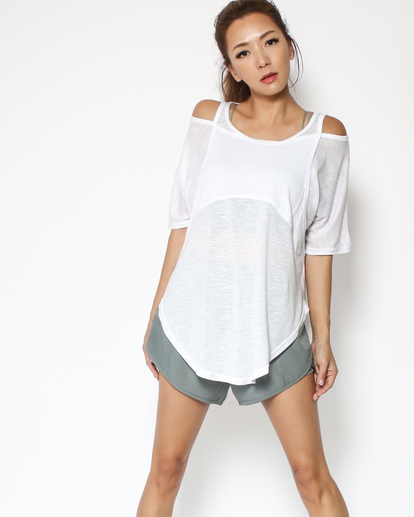 ivory cutout shoulders sports tee *pre-order*