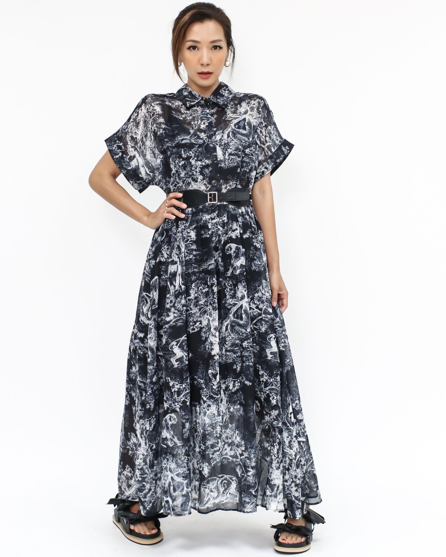 black printed organza dress with belt *pre-order*