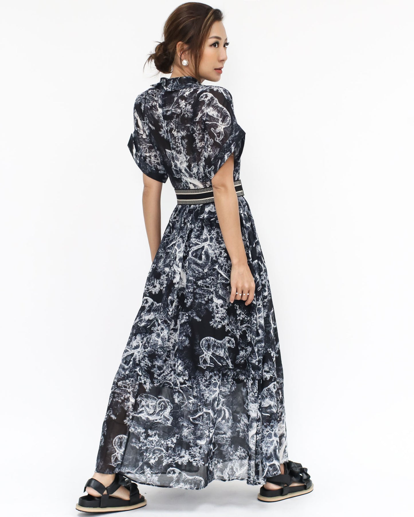 black printed organza dress with belt *pre-order*