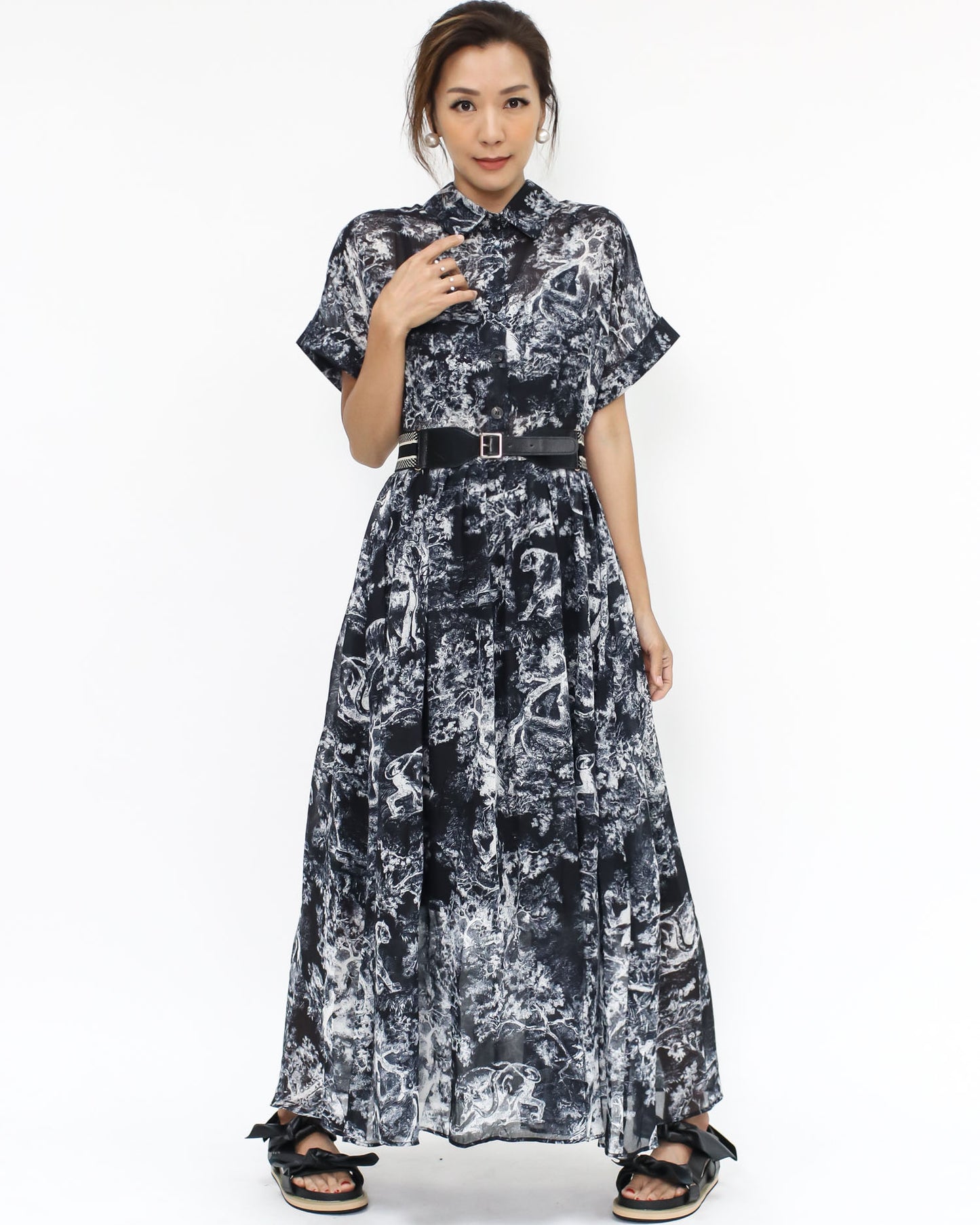 black printed organza dress with belt *pre-order*