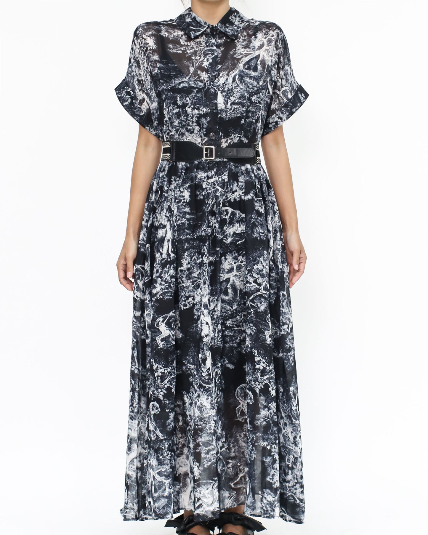 black printed organza dress with belt *pre-order*