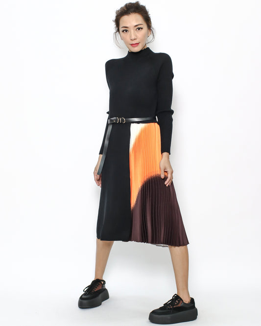 black knitted & colourful pleats dress with belt *pre-order*