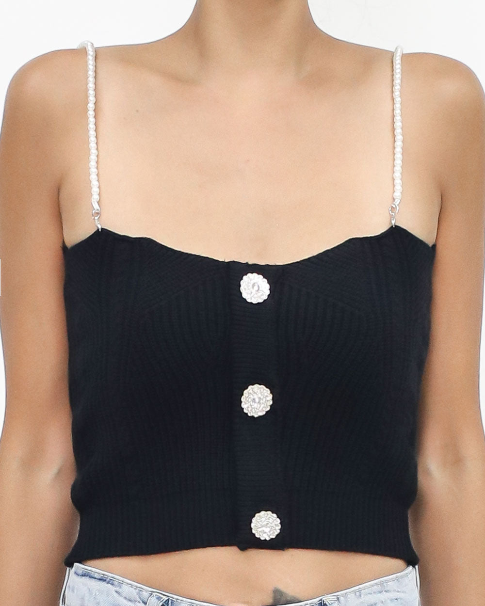 black knitted pearls straps vest