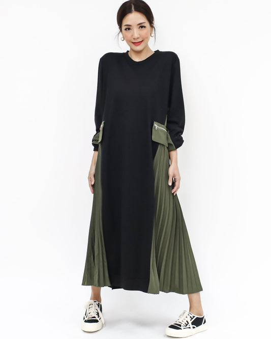 black sweat w/ green pleats sides longline dress *pre-order*