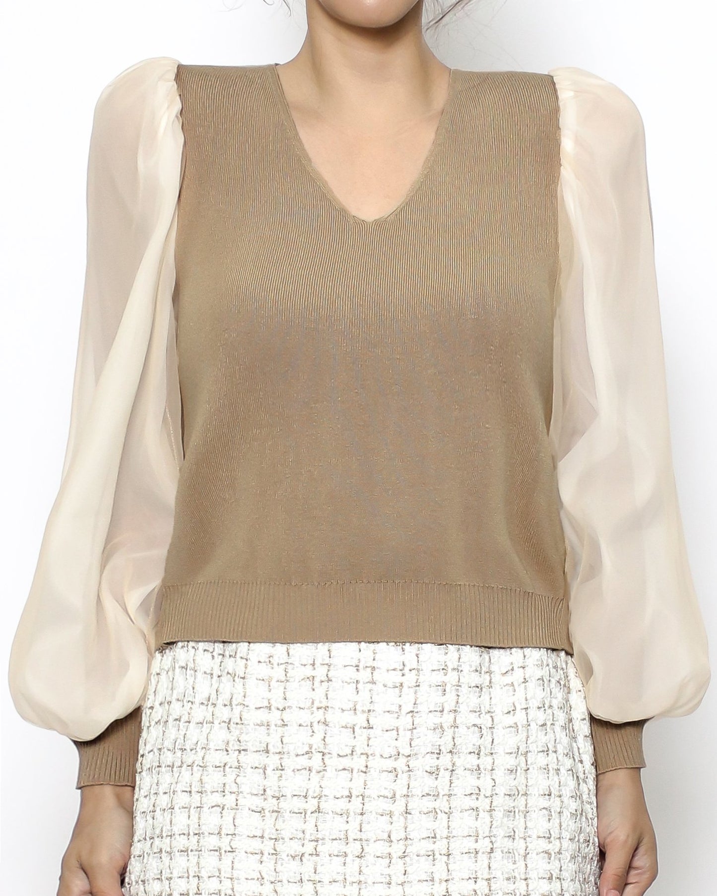 beige & ivory sheer sleeves knitted top *pre-order*