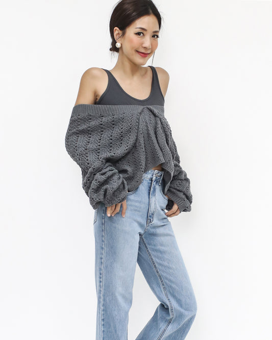 grey vest & off shoulders knitted top