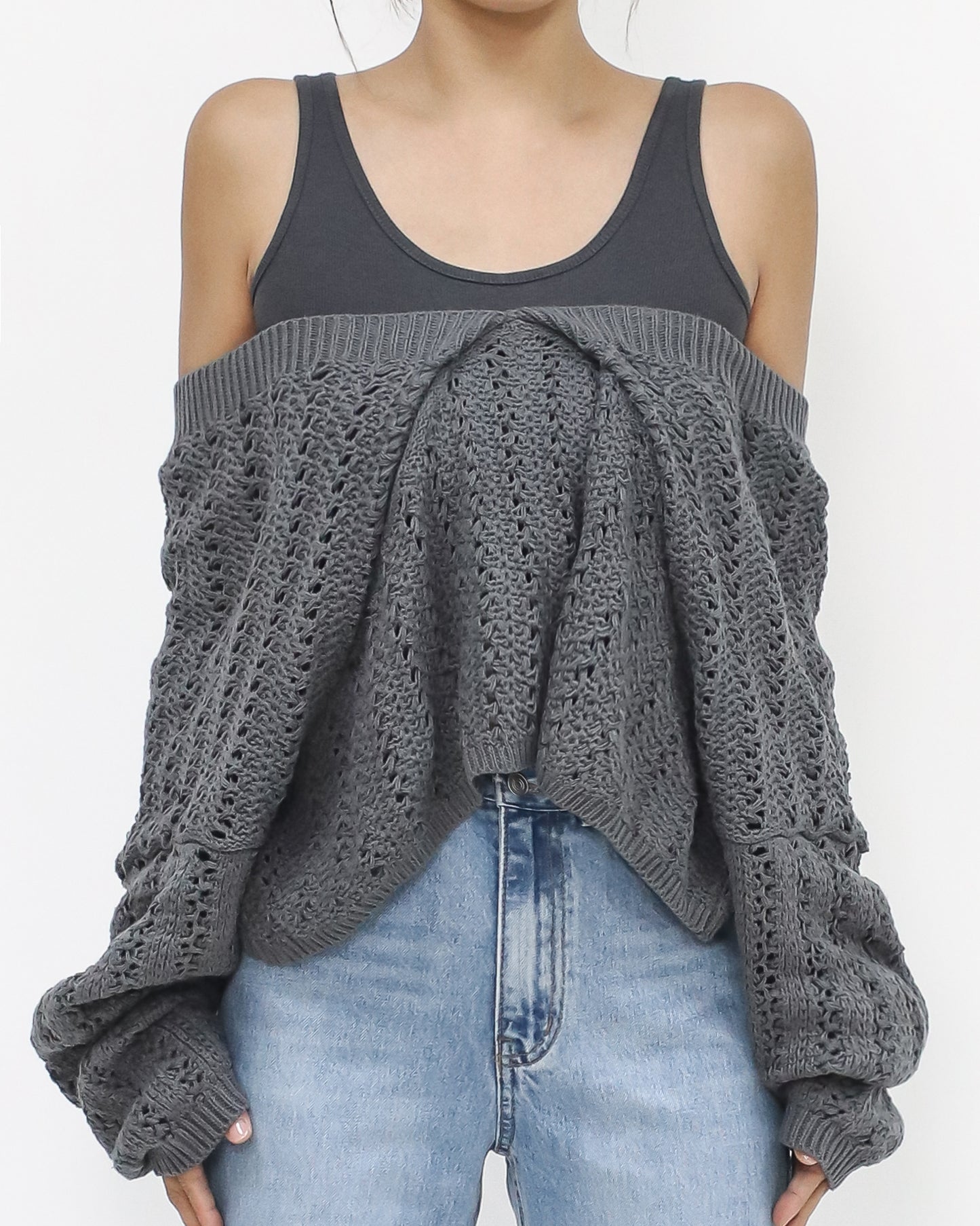 grey vest & off shoulders knitted top