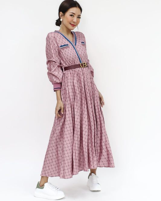 pink printed slinky pleats dress w/ belt *pre-order*