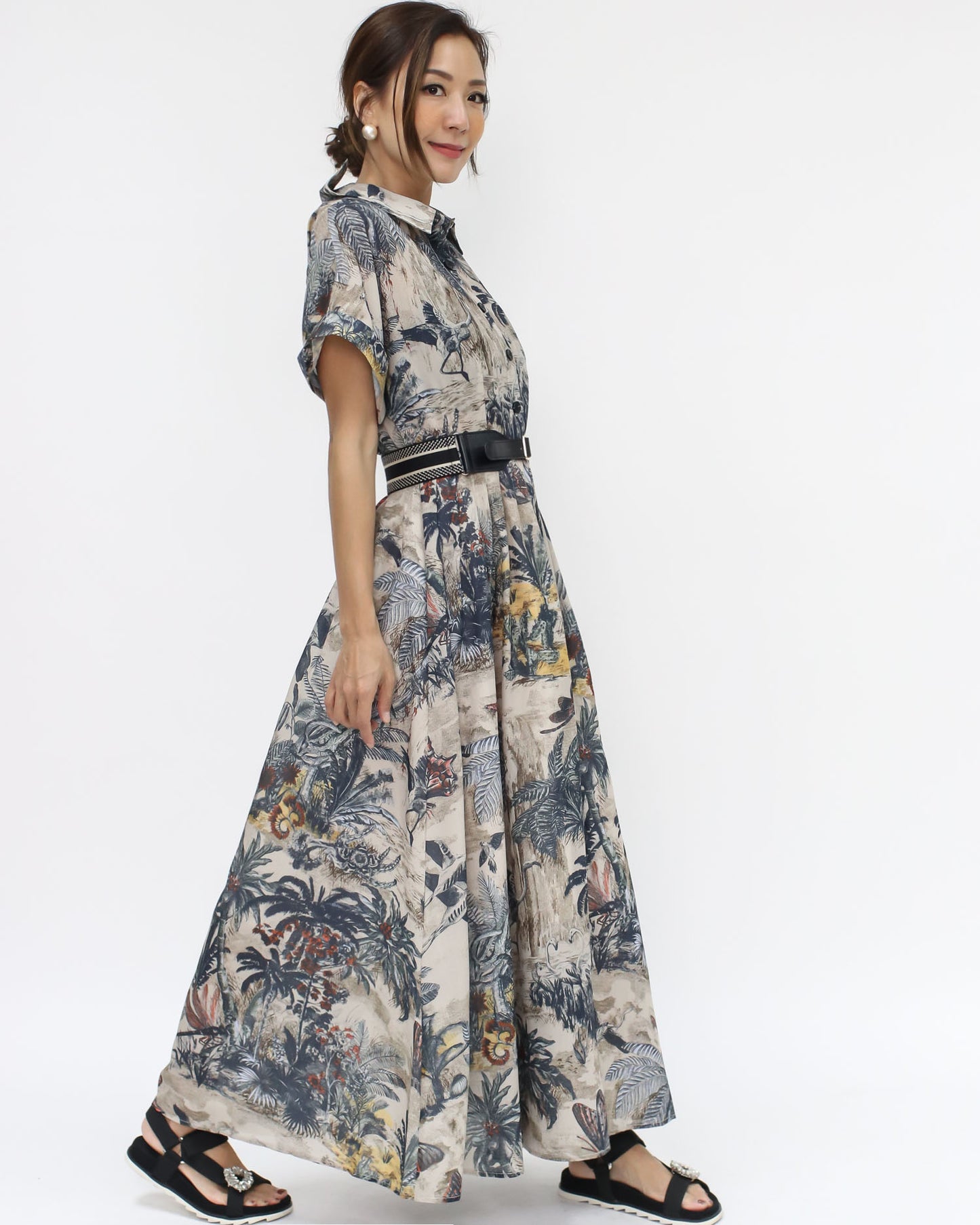 beige forest printed organza dress w/ belt *pre-order*