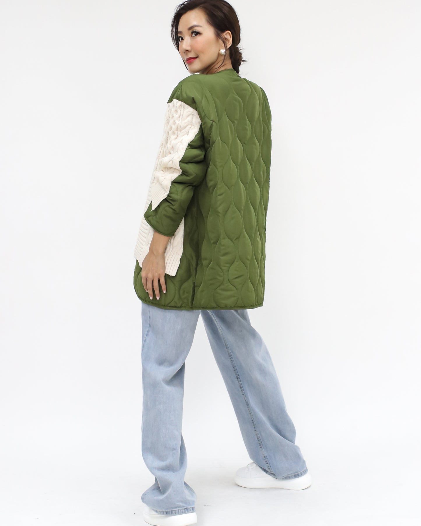 綠色絎縫和象牙色針織外套 *預購*