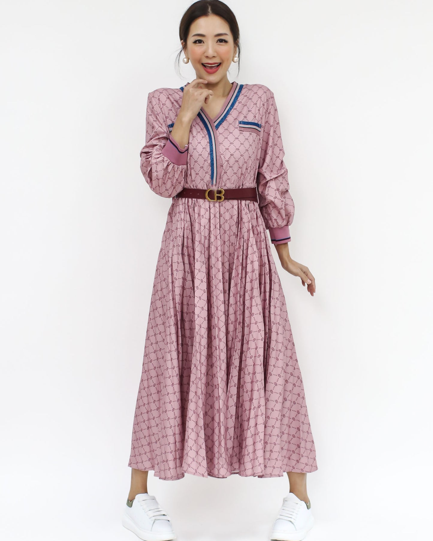pink printed slinky pleats dress w/ belt *pre-order*