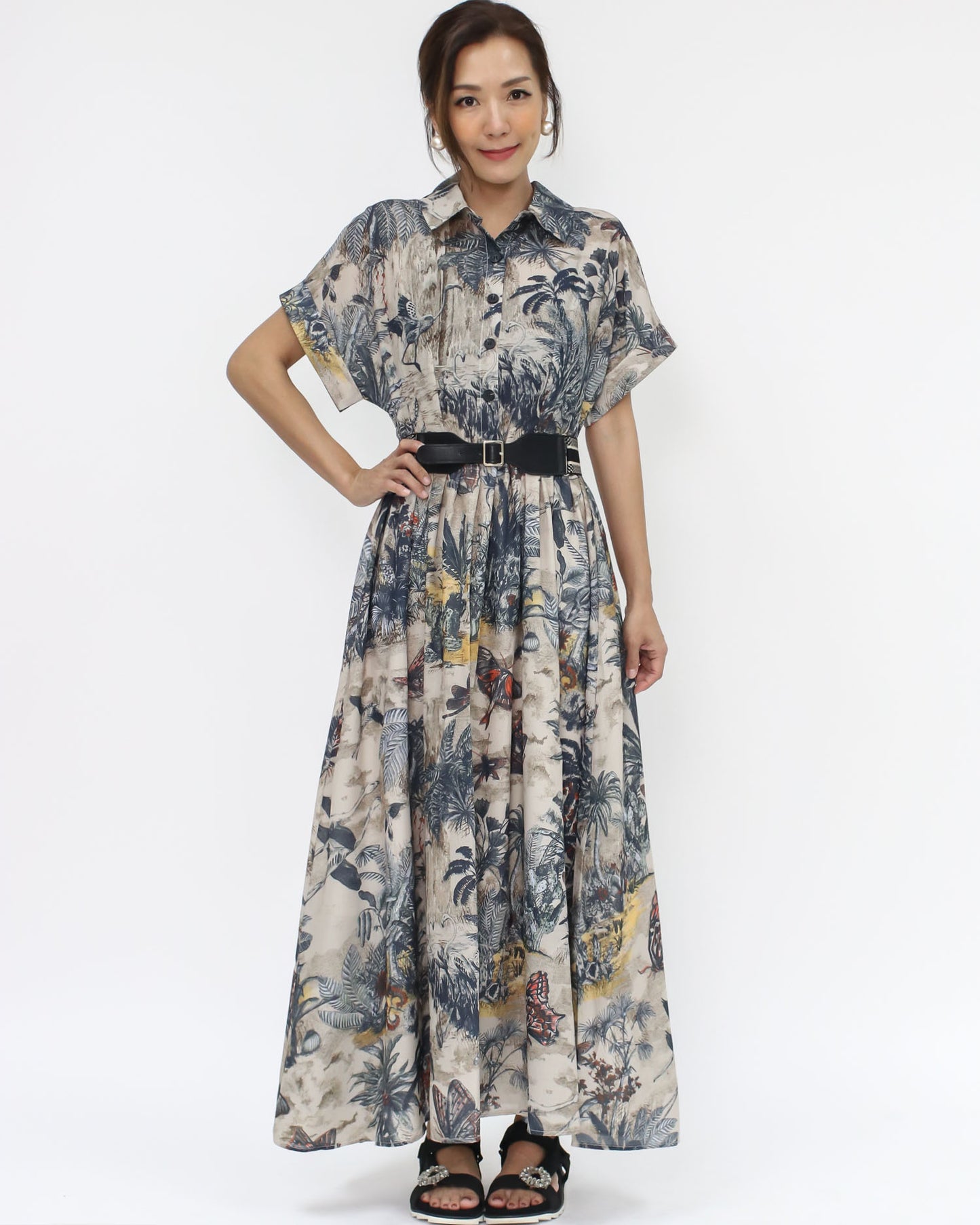 beige forest printed organza dress w/ belt *pre-order*