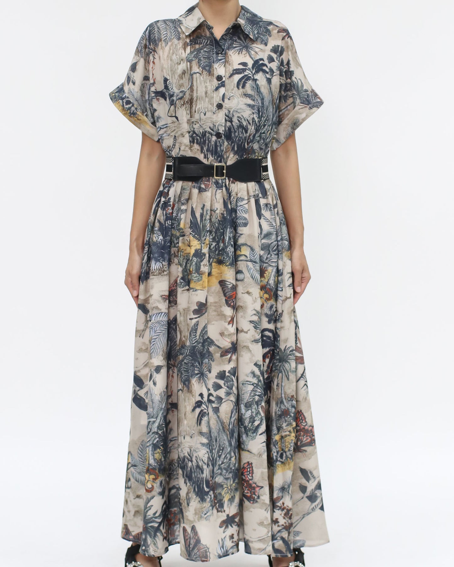 beige forest printed organza dress w/ belt *pre-order*