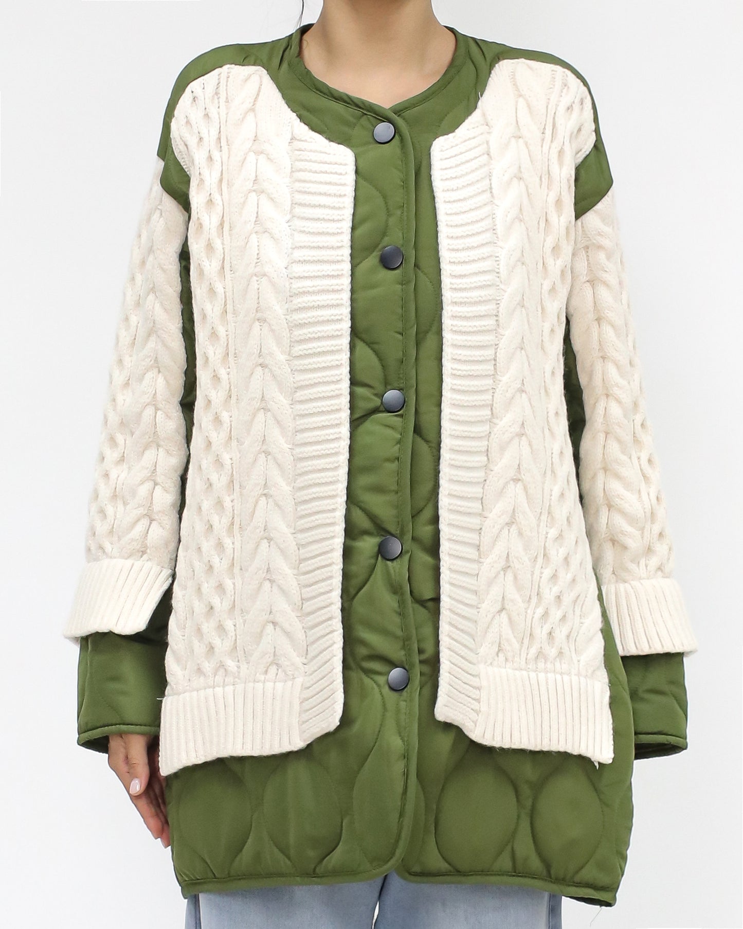 綠色絎縫和象牙色針織外套 *預購*