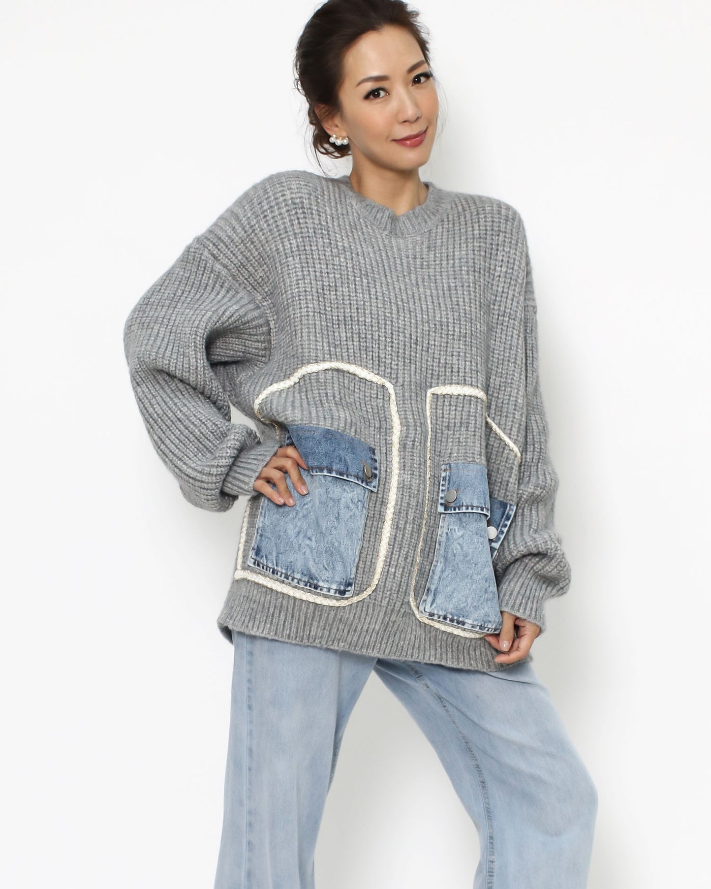 grey knitted top w/ denim pockets *pre-order*