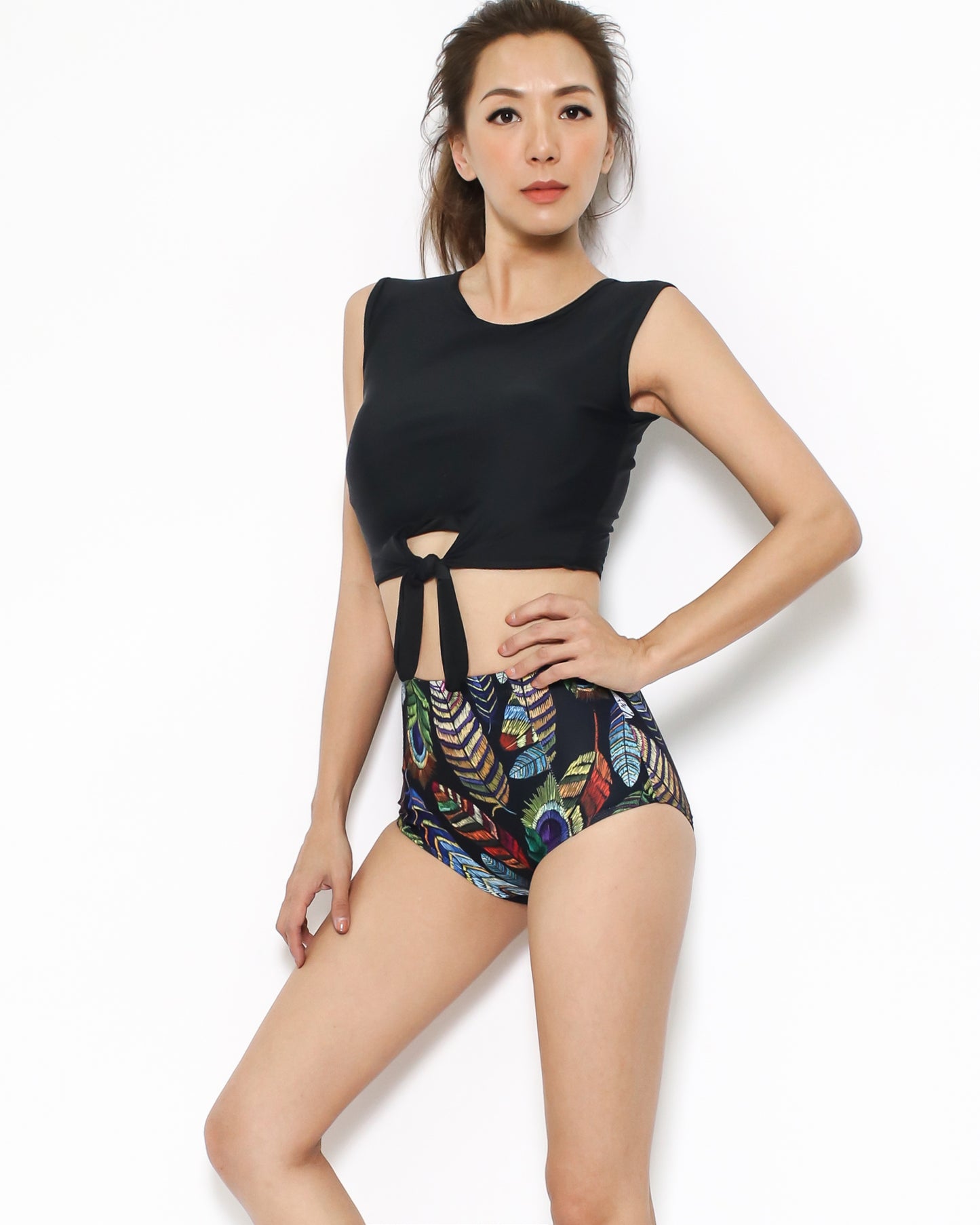 black twisted cropped top & printed high waist bottom swimsuit *pre-order*