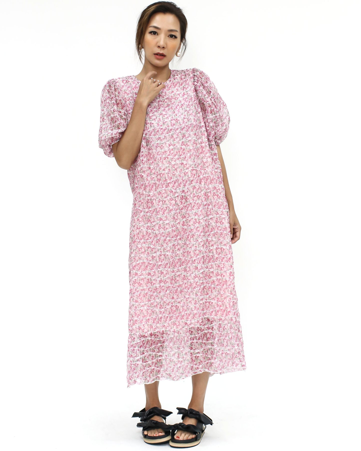 pink floral chiffon ruched dress *pre-order*