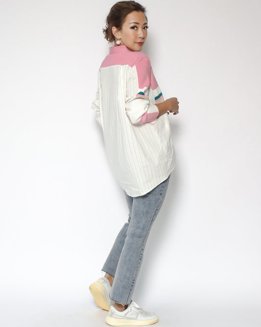 pink & ivory stripes with beige stripes shirt contrast cardigan *pre-order*