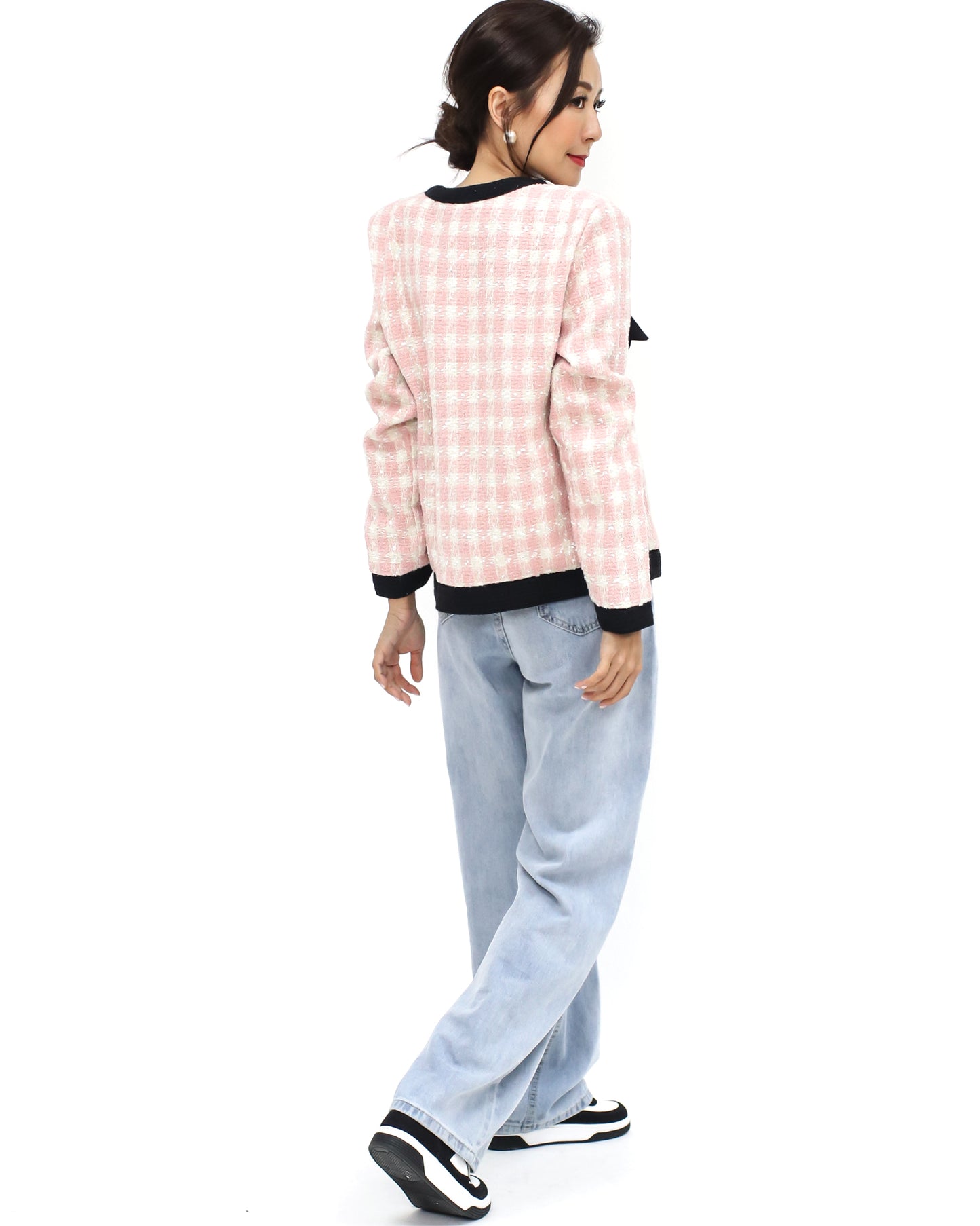 pink & ivory checkers tweed bows jacket *pre-order*