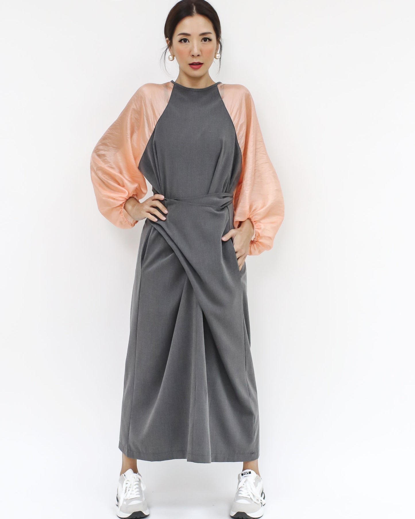 grey & peach mesh sleeves wrap longline dress *pre-order*