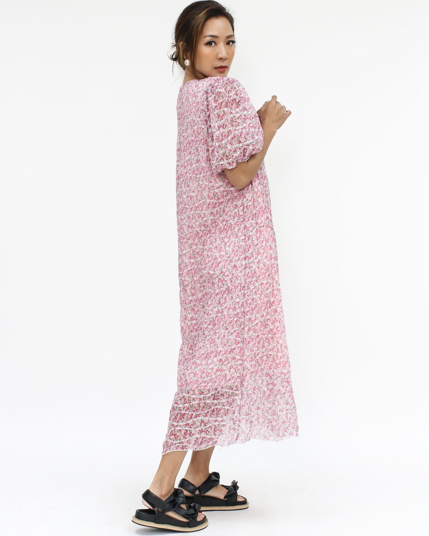 pink floral chiffon ruched dress *pre-order*