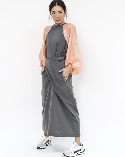 grey & peach mesh sleeves wrap longline dress *pre-order*