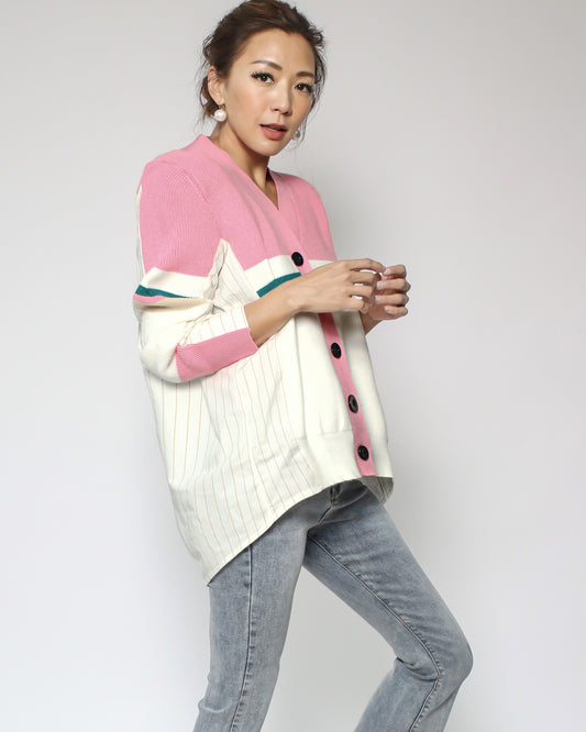 pink & ivory stripes with beige stripes shirt contrast cardigan *pre-order*