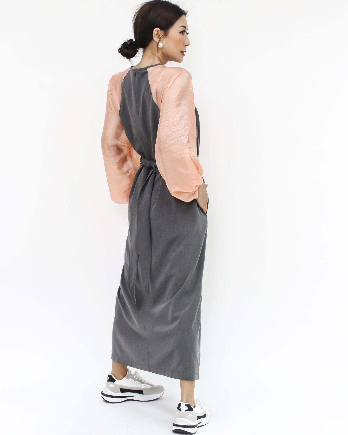 grey & peach mesh sleeves wrap longline dress *pre-order*