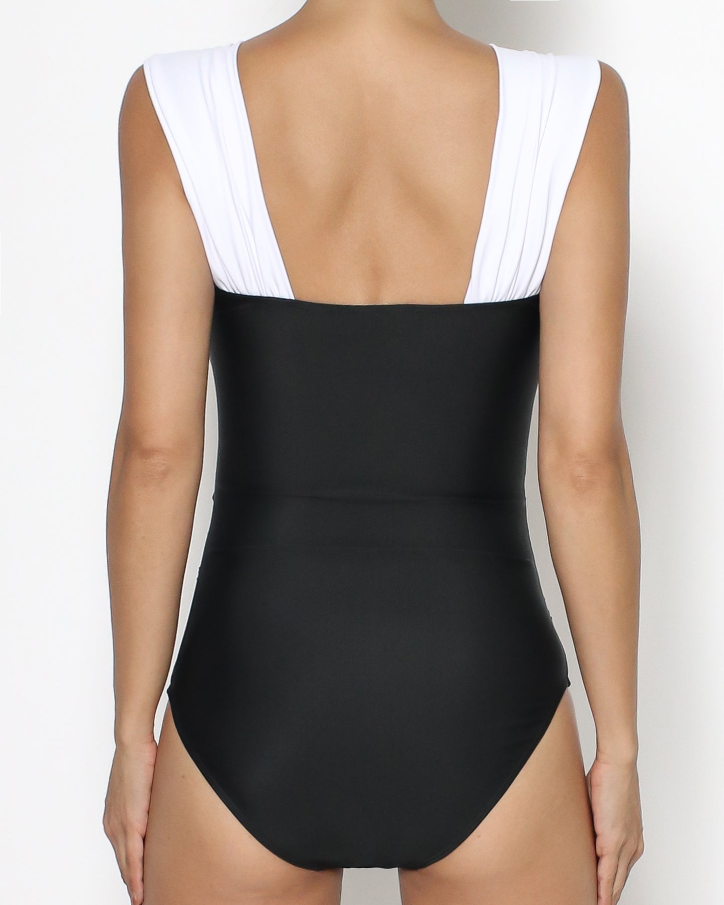 black & white straps ruched one-piece swimwear *pre-order*