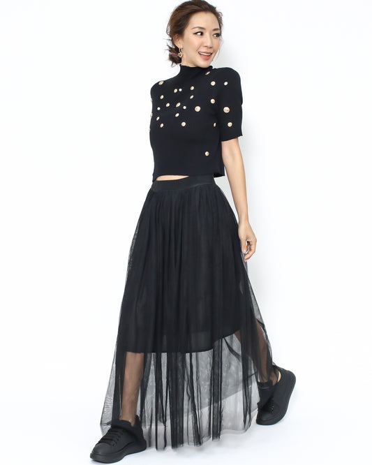 black studded knitted cropped top & mesh skirt set *pre-order*