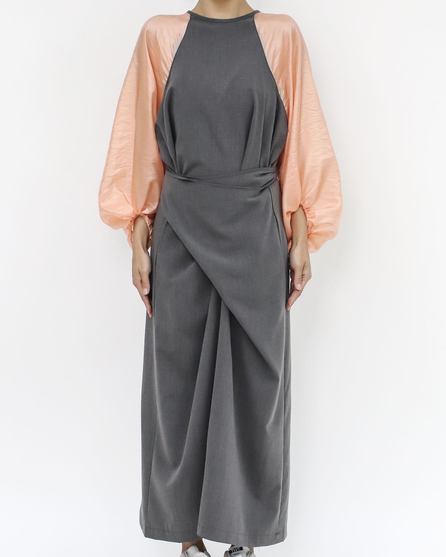 grey & peach mesh sleeves wrap longline dress *pre-order*