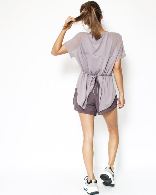 purple mesh shoulders ruched open back sporty tee *pre-order*