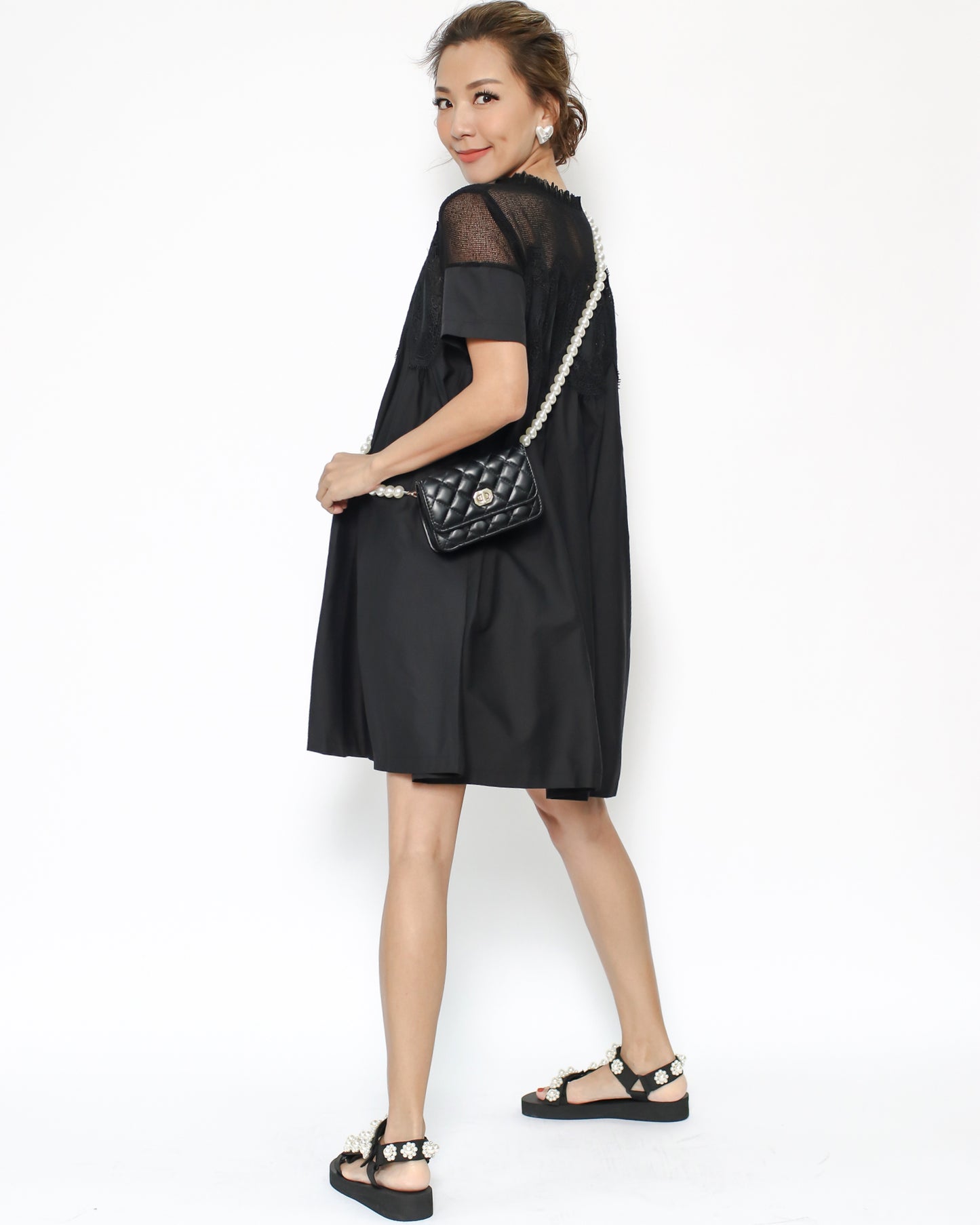 black mesh crochet shoulders shirt dress *pre-order*