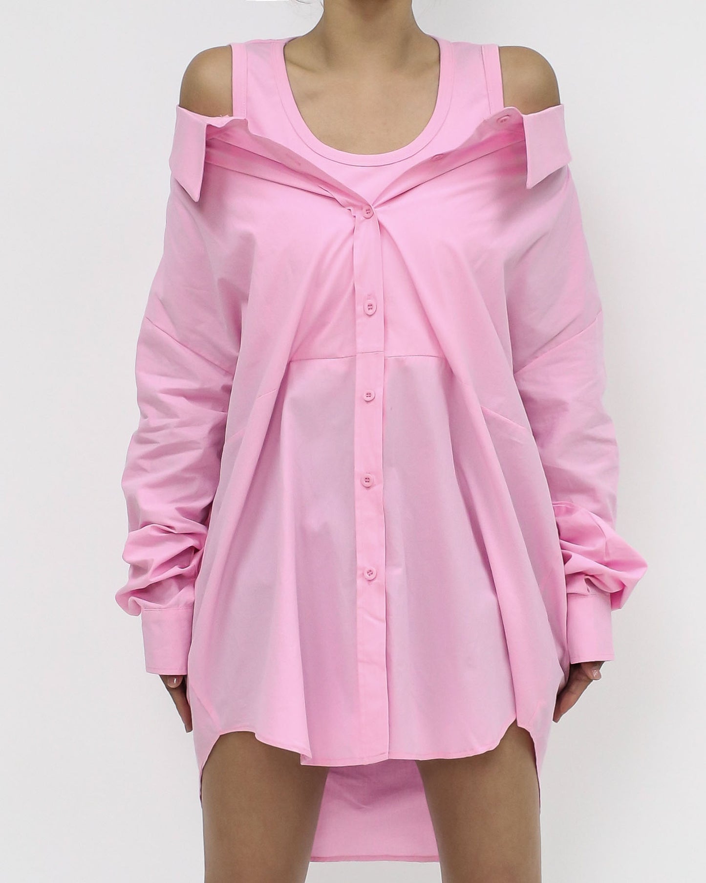 pink vest off shoulders shirt
