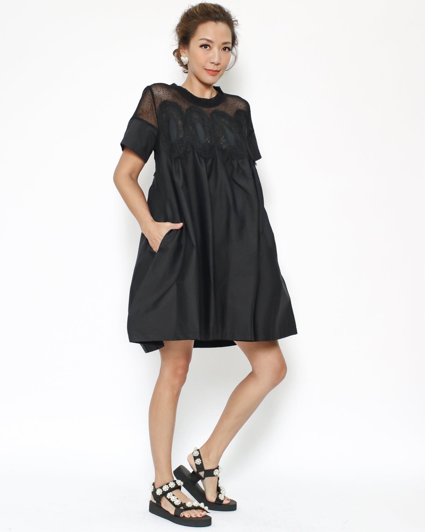 black mesh crochet shoulders shirt dress *pre-order*