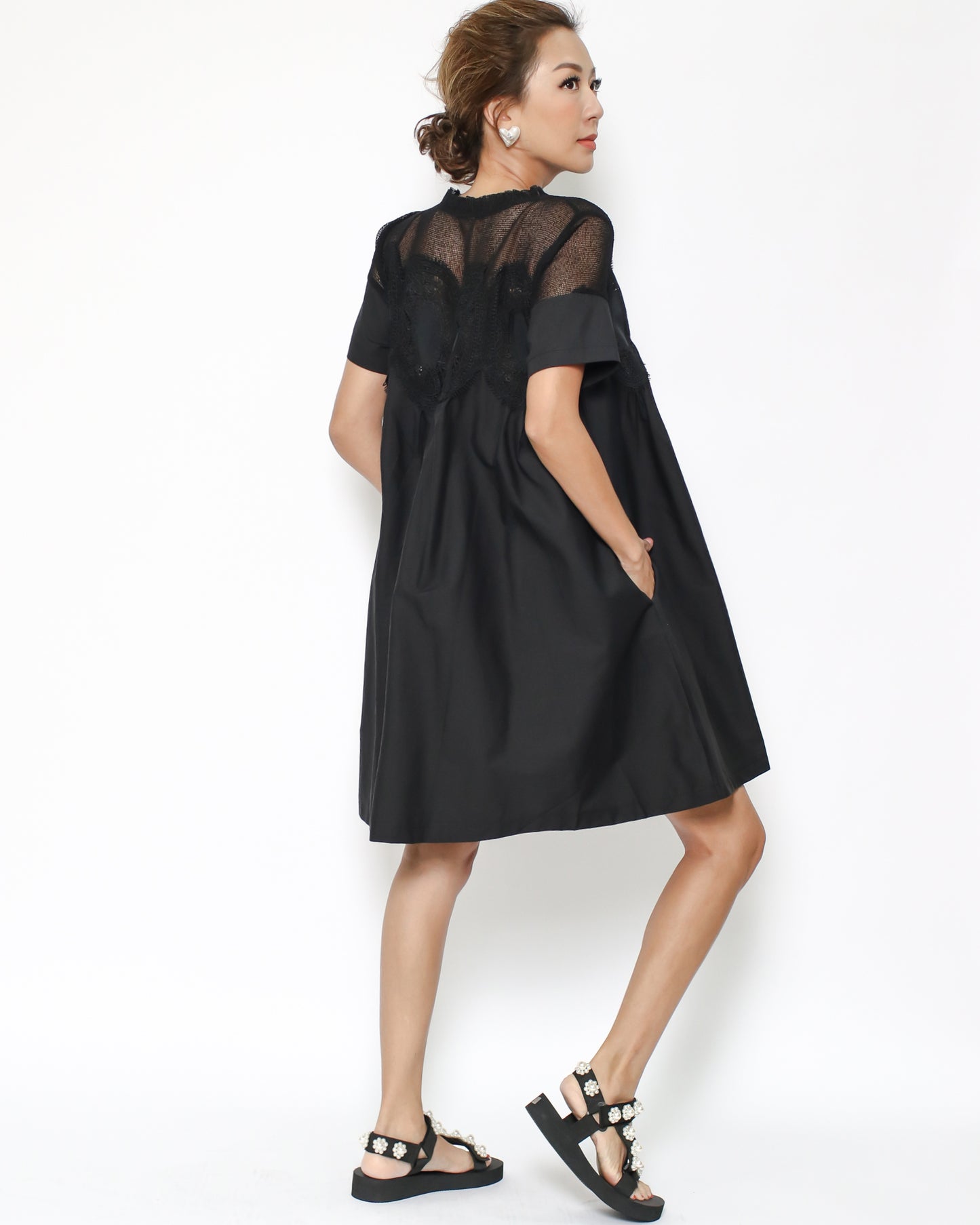 black mesh crochet shoulders shirt dress *pre-order*