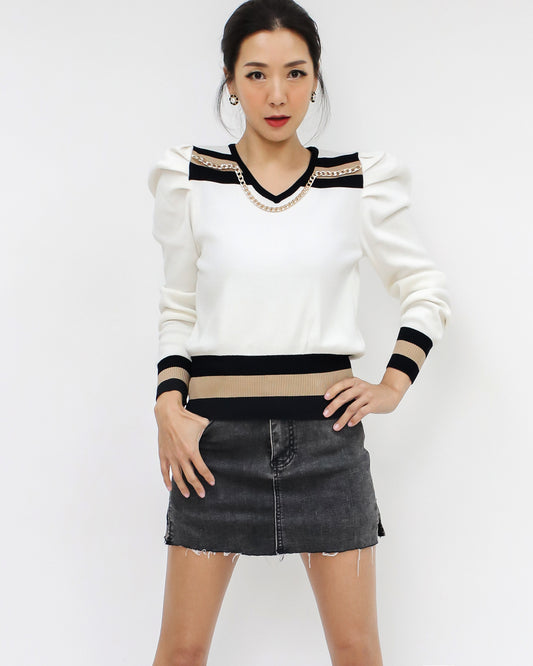 ivory & black beige stripes w/ gold chain knitted top *pre-order*