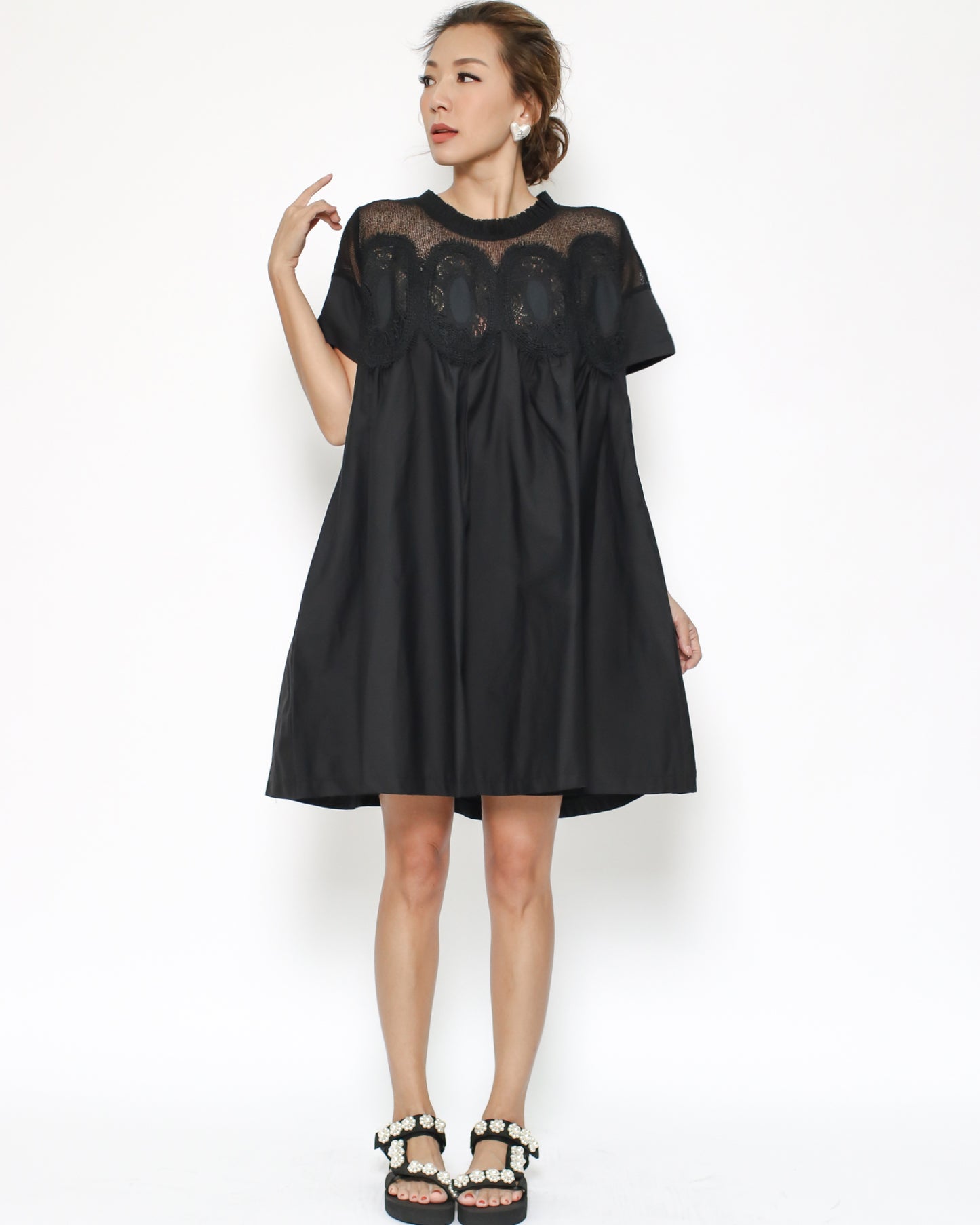 black mesh crochet shoulders shirt dress *pre-order*