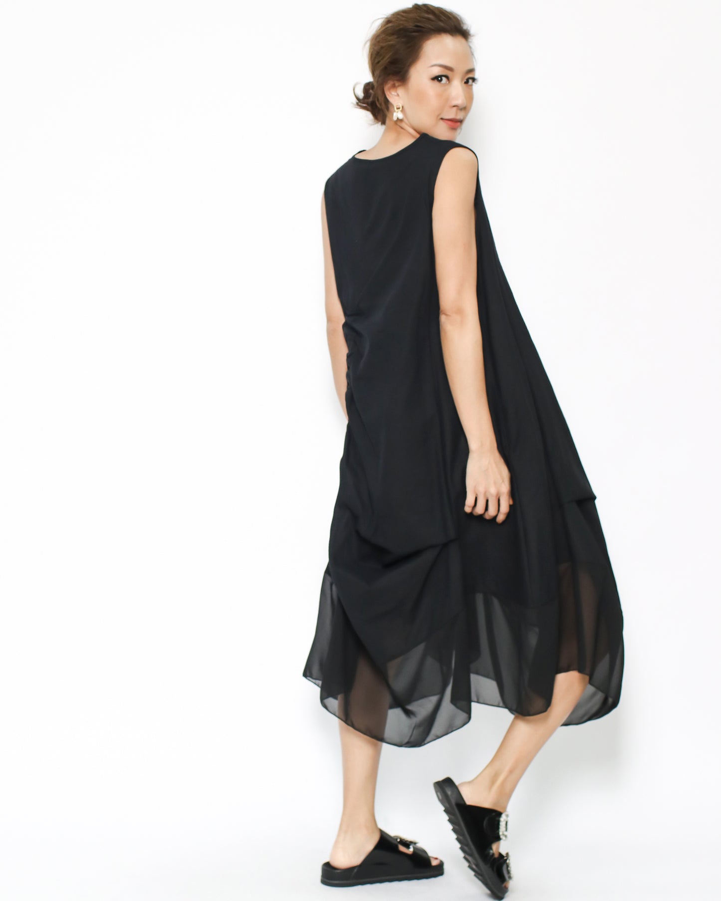 black linen & mesh ruched asymmetric hem dress *pre-order*