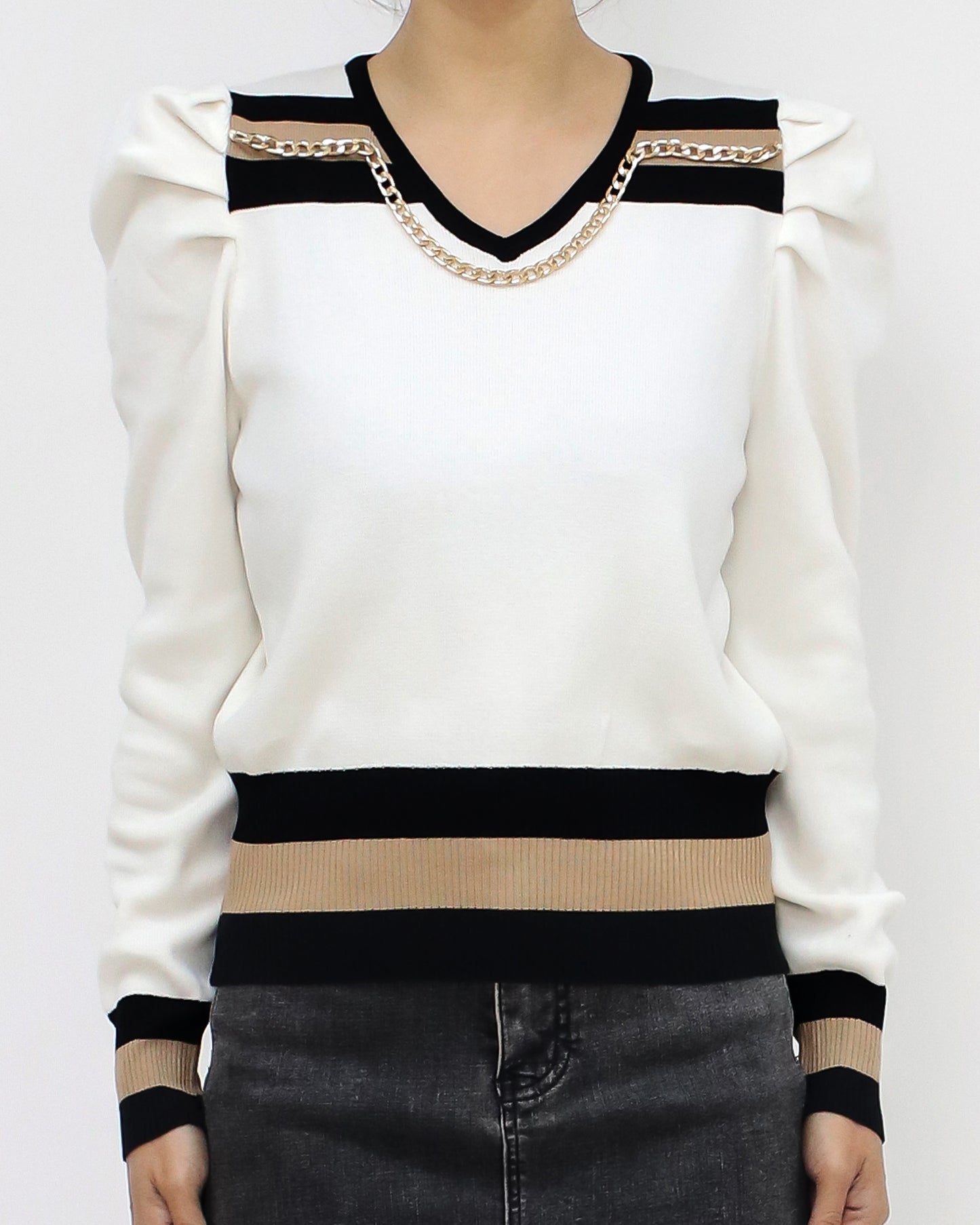 ivory & black beige stripes w/ gold chain knitted top *pre-order*