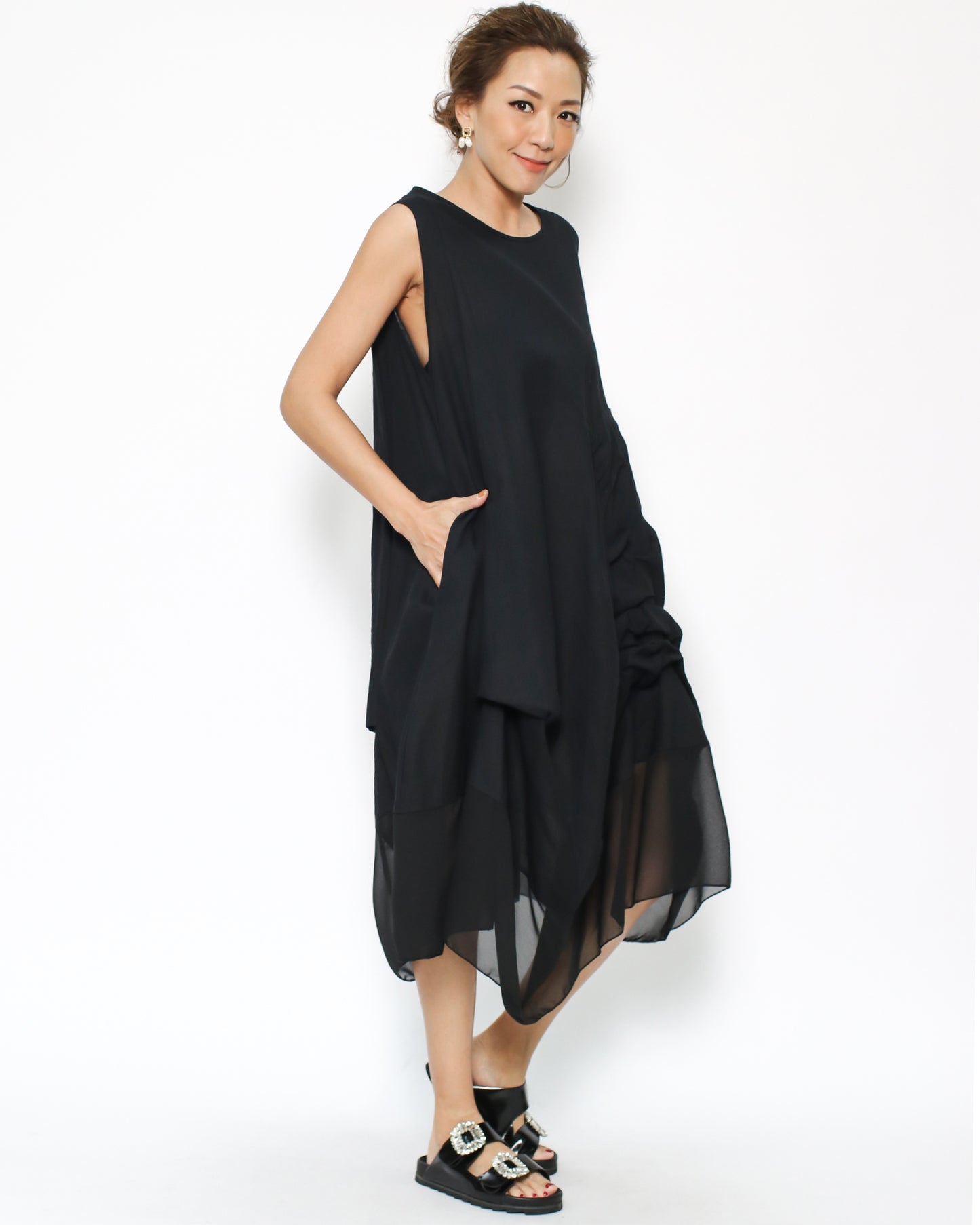 black linen & mesh ruched asymmetric hem dress *pre-order*