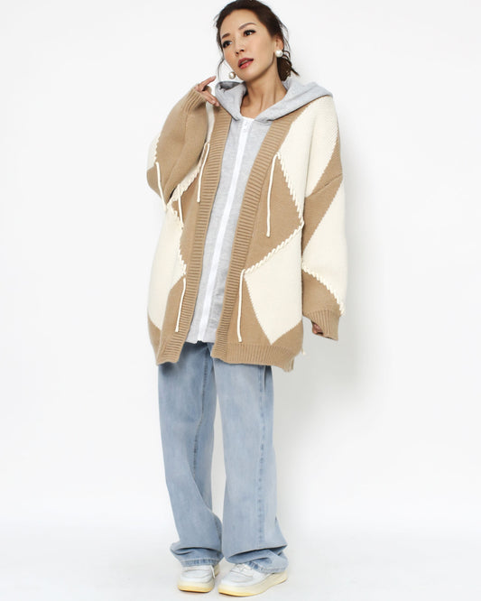 beige & ivory knitted cardigan w/ grey hoodie *pre-order*