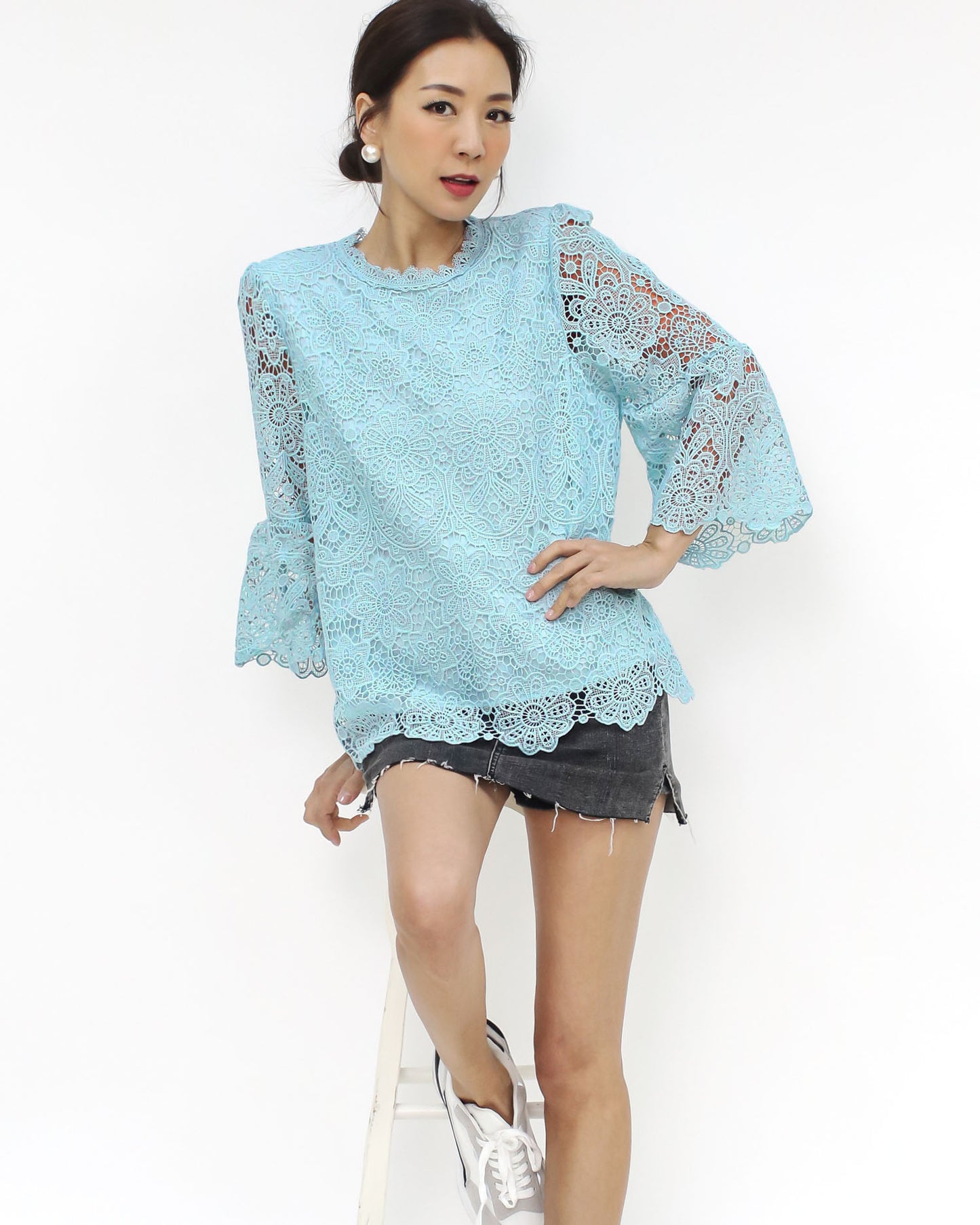 blue crochet bell sleeves top