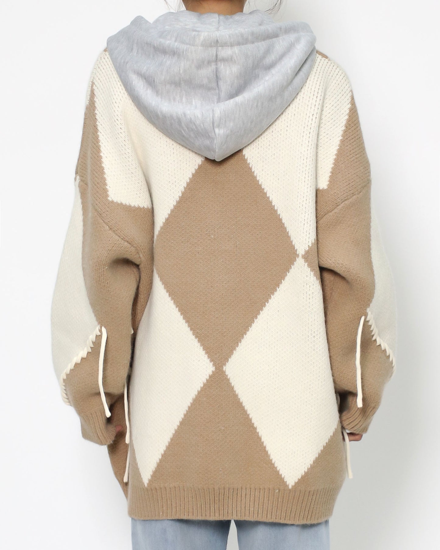 beige & ivory knitted cardigan w/ grey hoodie *pre-order*