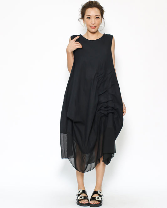 black linen & mesh ruched asymmetric hem dress *pre-order*