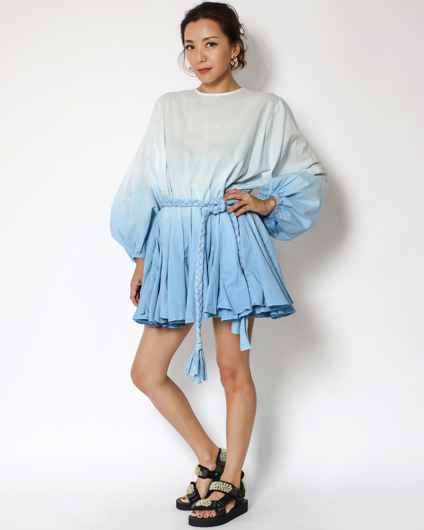 blue ombre frill shirt dress with rope tie-up *pre-order*