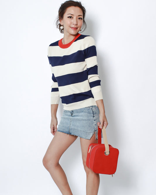 beige & navy stripes with red neckline knitted top *pre-order*