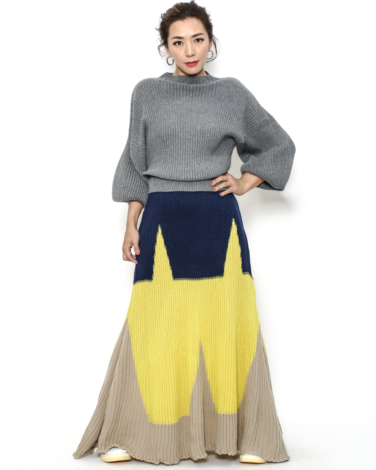 navy yellow & beige knitted flare dress *pre-order*