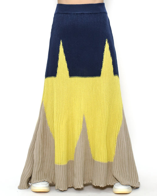 navy yellow & beige knitted flare dress *pre-order*