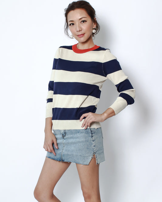 beige & navy stripes with red neckline knitted top *pre-order*